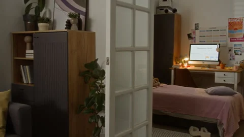 Empty Teenager Bedroom with Computer Screen for Homework Stock Footage 340799849