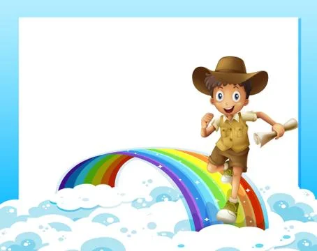 An empty template and a boy running over the rainbow with a scroll Ilustração Stock