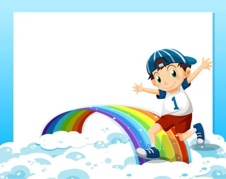 An empty template with a boy playing above the clouds and the rainbow Stockillustratie