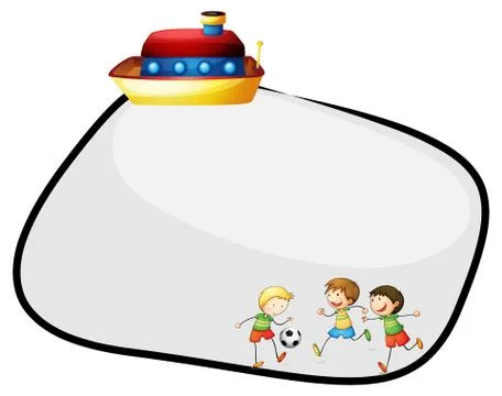 An empty template with a ship and kids playing football Stockillustratie