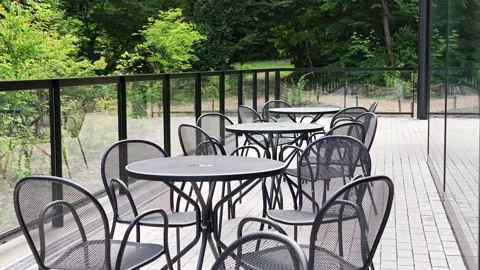 Empty terrace with tables and chairs Stock Footage 340436190