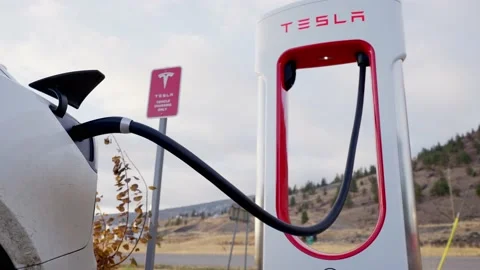 Empty Testla Supercharger station, Kamloop, BC, Canada, Dec 2020 Stock-Footage 145735865