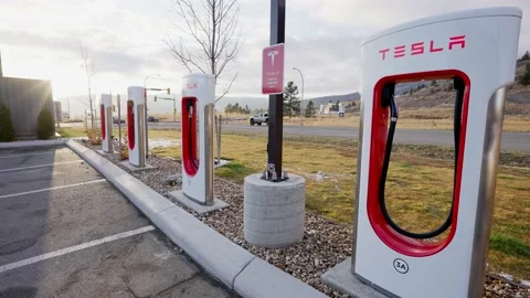 Empty Testla Supercharger station, Kamloop, BC, Canada, Dec 2020 Stock-Footage 145735987
