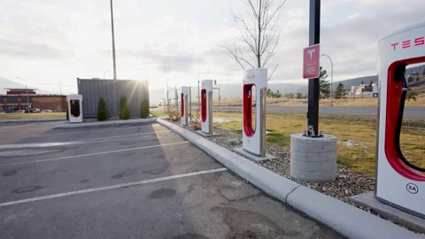 Empty Testla Supercharger station, Kamloop, BC, Canada, Dec 2020 Stock Footage 145736153