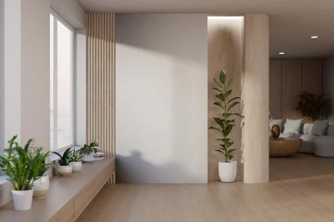 Empty textured white wall with tall potted plant, windowsill pots and an op.. Stock Illustration