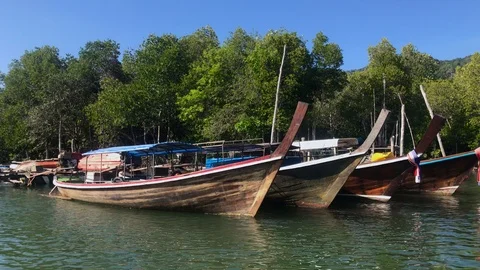 Empty Thai Traditional Long Tail Boats on a Lake in Koh Lanta Stock Footage 124022016