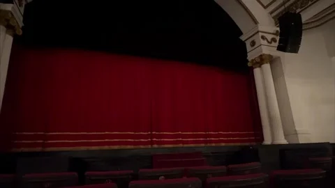 Empty Theater Auditorium with Closed Red Stage Curtain Stock Footage 346606258