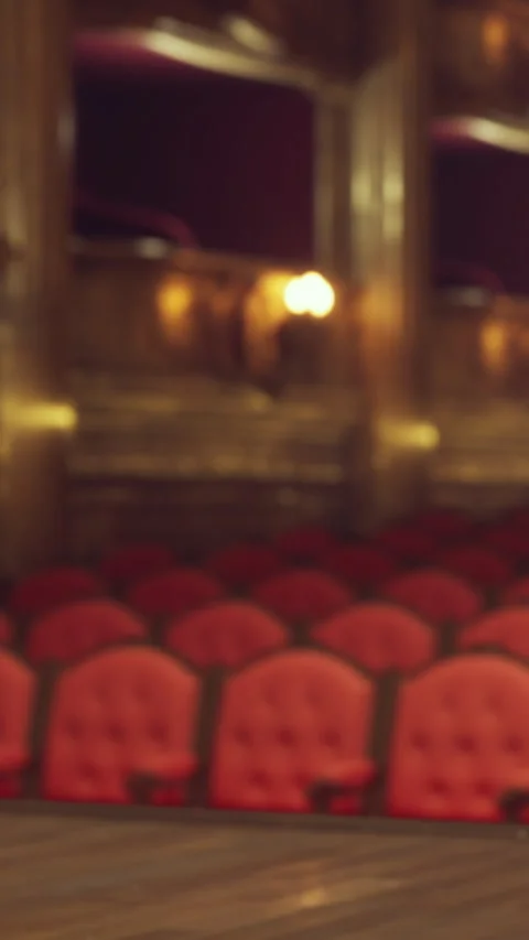 Empty theater with red seats and wooden stage during evening performance Stock Footage 340869318