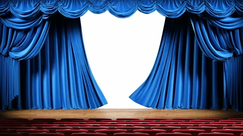 Empty theater stage with blue velvet curtains. Opening curtains with luma matte. Stock Footage
