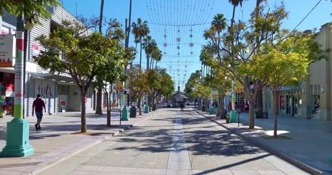 Empty Third Street Promenade in Santa Monica during Covid-19 in Los Angeles, 4K Stock Footage 144263636