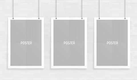 Empty three white A4 sized vector paper mockup hanging with paper clips. Sh.. 库存插图