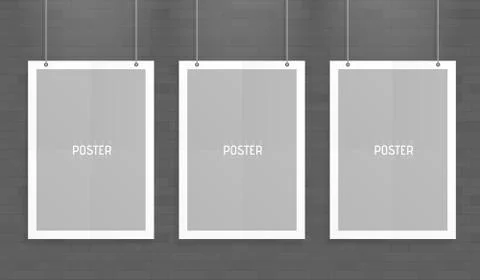 Empty three white A4 sized vector paper mockup hanging with paper clips. Sh.. Stockillustratie