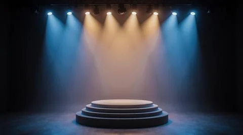Empty tiered stage with dramatic lighting, circular setup, warm yellow and co Stock Photos
