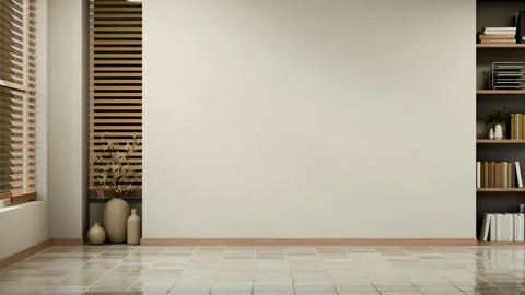 Empty tiled floor room with built-in dark bookshelf Stock Illustration