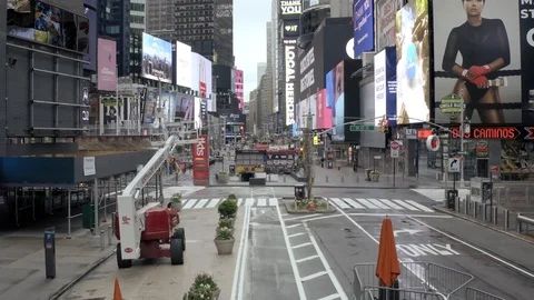 Empty Times Square during day coronavirus COVID-19 pandemic lockdown Stock Footage 129277380