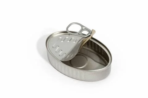 Empty tin can isolated on a white background. Metallic Food container Open... Foto stock