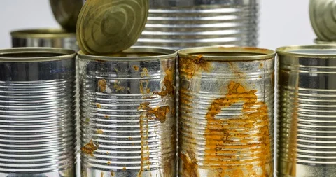 Empty tin cans in a row Stock Footage 105874484