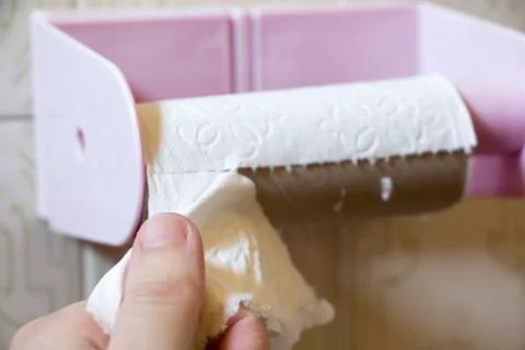 Empty toilet paper roll pull by hand Stock Photos