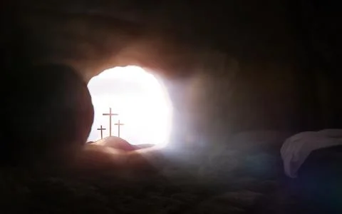 이철우Empty tomb and cross symbolizing the resurrection of Jesus Christ and Easter Stock Photos