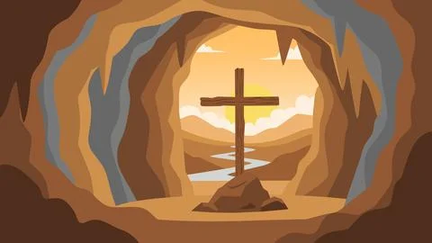 Empty Tomb Cave View with Cross and Sunrise Easter Resurrection Illustratio.. Stock Illustration
