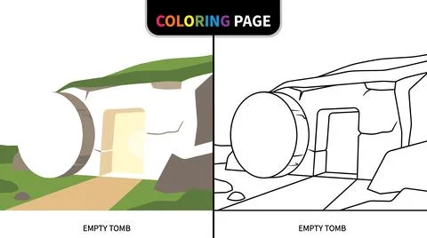 Empty Tomb Coloring Page for Easter and Religious Education. Stock Illustration