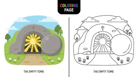 The empty tomb of Jesus with a rolling stone and bright light shining from wi Stock Illustration