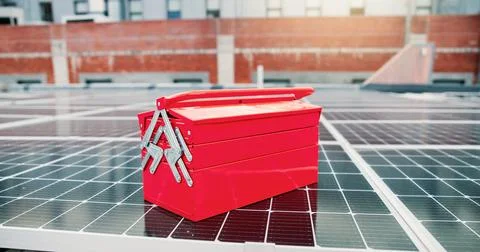 Empty, tool box and solar panel on rooftop for maintenance, installation an.. Stock Photos