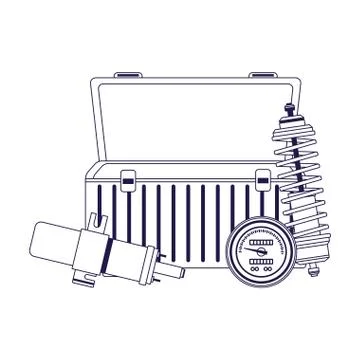 Empty tools box and car parts, flat design Stock Illustration