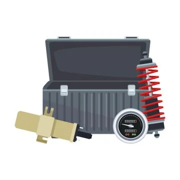 Empty tools box and car parts, colorful design Stock Illustration