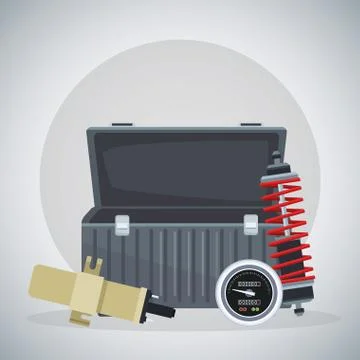 Empty tools box with shock absorber and spark plug Stock Illustration