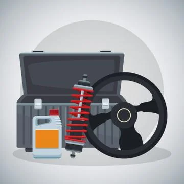 Empty tools box with steering wheel, shock absorber and oil bottle Stock Illustration