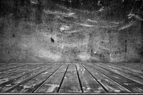 Empty top shelves or table wood on concrete wall background. Stock Photos