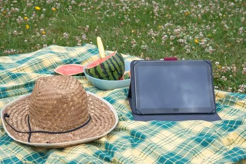 Empty touch screen tablet on the green graas, summer picnic in garden, hat Stock Photos