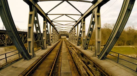 Empty train bridge. railway tracks. old bridge construction Stock Footage 36195116