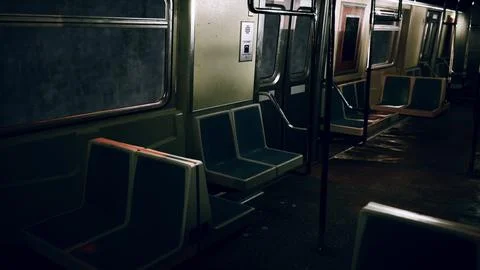 Empty train car in a dimly lit underground metro station Stock Illustration