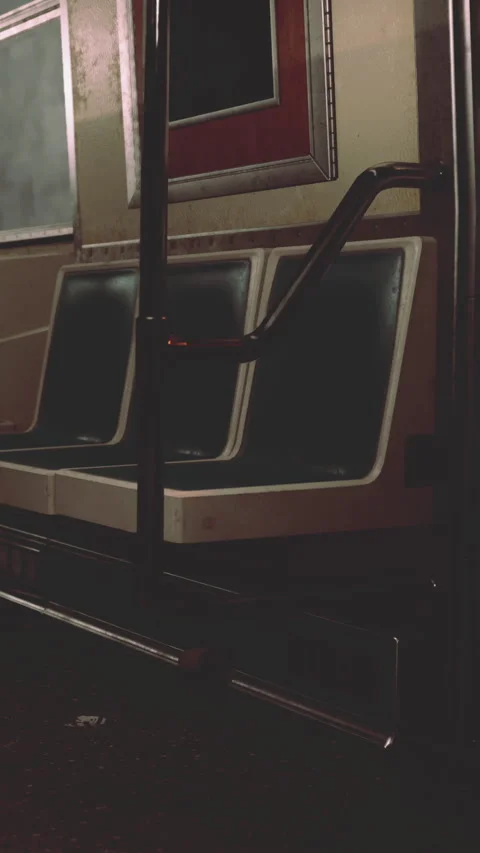 Empty train carriage with dark lighting and wet floor during late night Stock Footage 342190896