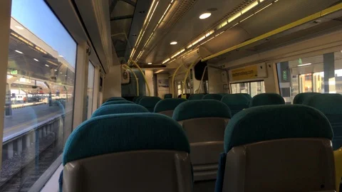 Empty train interieur before start at the London station Stock Footage 103838032