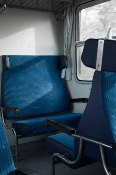 Empty Train Interior with Comfortable Seats Stock Photos