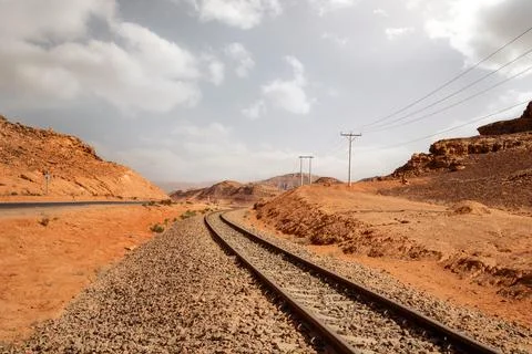 Empty train Railway in Desert Stock Photos