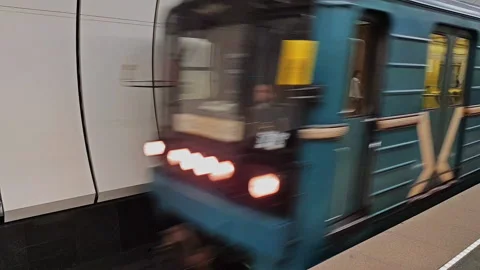 An empty train rides. Moscow metro. Blue cars without people. Stock Footage 130482446