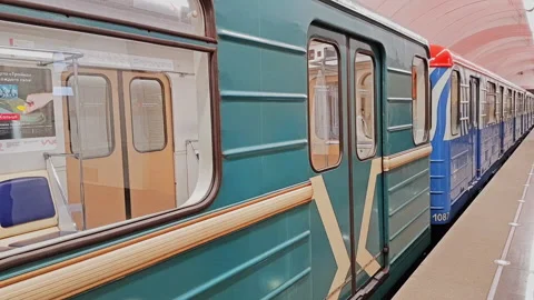 An empty train rides . Moscow metro. Blue cars without people. Stock Footage 130482508