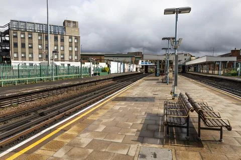Empty Train Station Platform and Railway Tracks. London, UK, 17 March 2024 Stock Photos