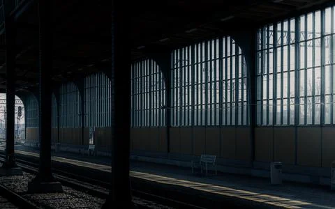 Empty train station platform with sunlight and shadows Stock Photos