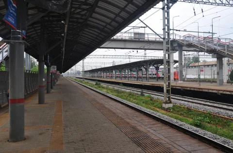 Empty train station. View of the railway platform. Stock Photos
