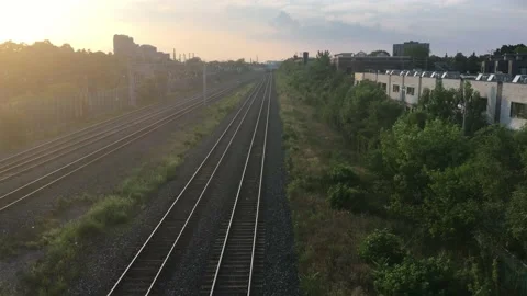 Empty Train Tracks at Sunset 4K Stock Footage 142718003