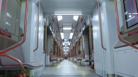 Empty train wagon interior. red stickers with information warning in russian Stock Footage 202049212