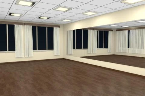 Empty training dance-hall at night with yellow walls, dark wooden parquet flo Stock Illustration