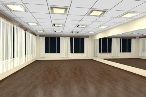 Empty training dance-hall at night with yellow walls, dark wooden parquet flo Illustrazione stock