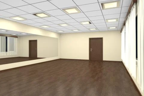 Empty training dance-hall at night with yellow walls, dark wooden parquet flo Stock Illustration