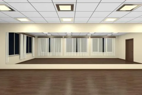 Empty training dance-hall at night with yellow walls, dark wooden parquet flo Stock Illustration